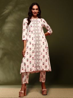 Abhishti - Floral Print Kurta with Straight Pants - Off White (Set of 2)