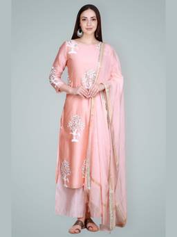 DHANNAK - Peach Silk Chanderi Kurta With Pant And Dupatta