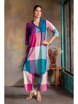 EARTHWEAR - Teal Checks Handloom Cotton Antifit Kurta With Pant