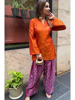 Ishnya - Festive Rust Orange Patola Printed Farshi Kurta With Salwar