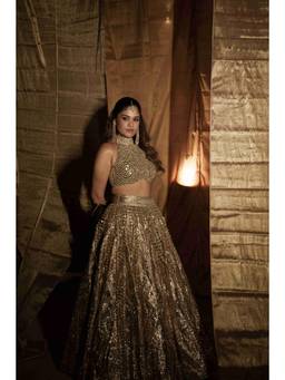 ITRH - Gold Mirror Embellished Lehenga With Blouse And Dupatta