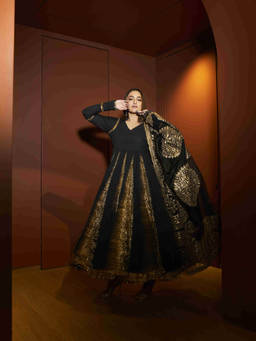 ITRH - Black Faani Angrakha Kurta And Pant With Dupatta