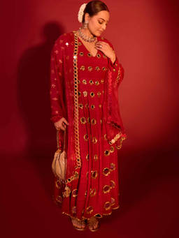 ITRH - Red Inara Anarkali Kurta And Pant With Dupatta