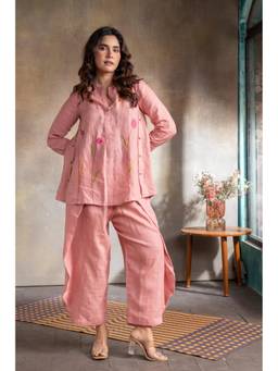 EARTHWEAR - Rose Pink Pure Linen Hand Embroidered Co-Ord Set