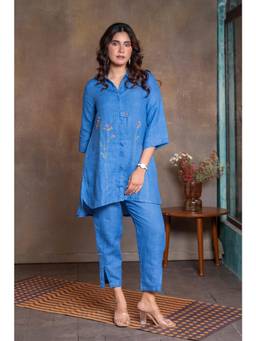 EARTHWEAR - Ocean Blue Pure Linen Hand Embroidered Co-Ord Set
