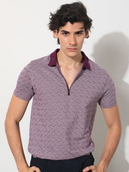 Rare Rabbit - Cabetta Purple Jacquard Polo T-Shirt with Zip Detail