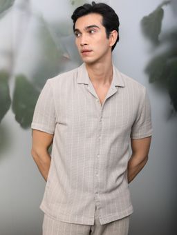 Rare Rabbit - Nano Beige Cotton Dobby Striped Shirt