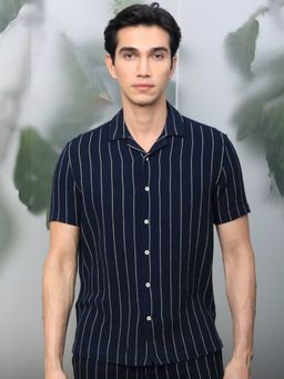 Rare Rabbit - Nano Navy Cotton Dobby Striped Shirt