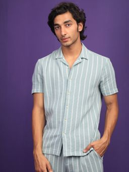 Rare Rabbit - Nanos Green Cotton Dobby Striped Shirt