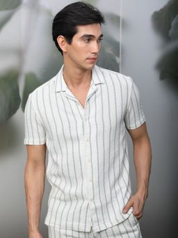 Rare Rabbit - Nanos Off White Cotton Dobby Striped Shirt