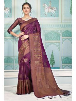 Sangam Prints - Purple Cotton Woven Zari Work Traditional Tassel Saree with Unstitched Blouse
