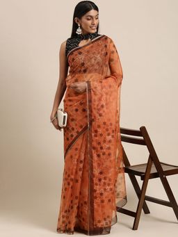 Akhilam - Womens Organza Rust Digital Print Celebrity Saree with Unstitched Blouse