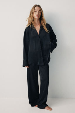 H&M - Women Black Embellished Satin Pyjama Shirt