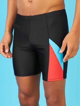 LYCOT - Black Men Color Block Zip Pocket Long Swim Trunk