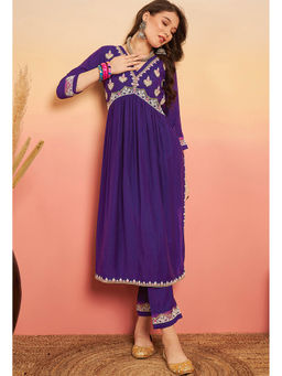 KVS FAB - Purple Embroidered Cotton Blend Flared Hem Alia Cut Kurta with Pant