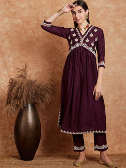 KVS FAB - Purple Embroidered Cotton Blend Flared Hem Alia Cut Kurta with Pant