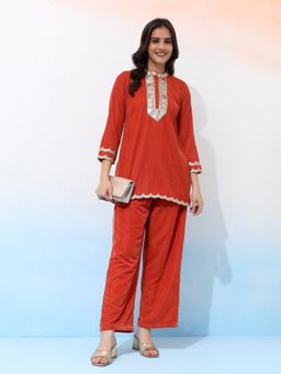 Bani Women - Vibrant Velvet Rust with Golden Embellishments Co-Ord (Set of 2)