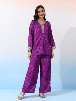 Bani Women - Purple Velvet Floral Ethnic Co-Ord (Set of 2)