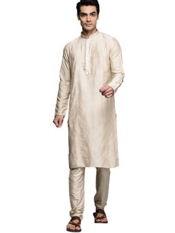 Manyavar - Beige Blended Viscose Solid Kurta Pencil Pyjama Set (Set of 2)