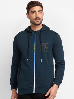 Spykar - Teal Blue Cotton Full Sleeve Hooded Sweatshirt for Men
