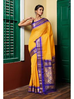 Unnati Silks - Yellow Pure Handloom Gadwal Cotton Saree without Blouse