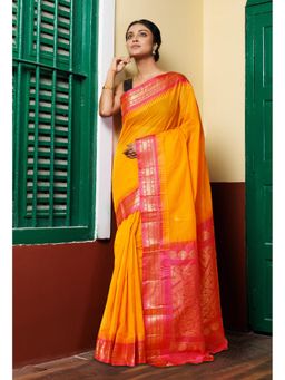 Unnati Silks - Turmeric Yellow Pure Handloom Gadwal Cotton Saree without Blouse