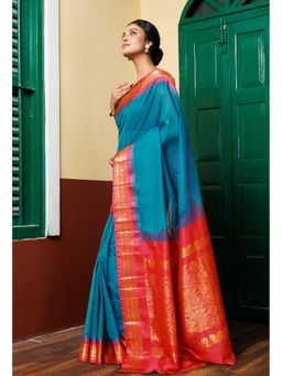 Unnati Silks - Teal Pure Handloom Gadwal Cotton Saree without Blouse