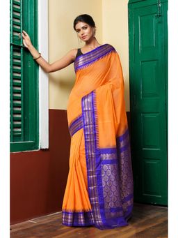 Unnati Silks - Orange Pure Handloom Gadwal Cotton Saree without Blouse