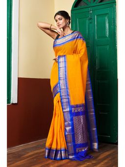 Unnati Silks - Turmeric Yellow Pure Handloom Gadwal Cotton Saree without Blouse