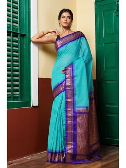 Unnati Silks - Turquoise Blue Pure Handloom Gadwal Cotton Saree without Blouse