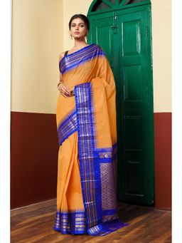 Unnati Silks - Orange Pure Handloom Gadwal Cotton Saree without Blouse
