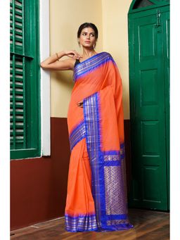 Unnati Silks - Dark Orange Pure Handloom Gadwal Cotton Saree without Blouse