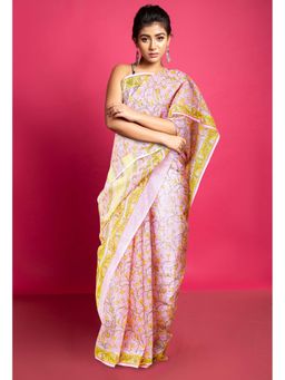 Unnati Silks - Pink Pure Block Printed Kota Saree with Unstitched Blouse