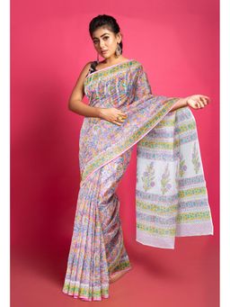 Unnati Silks - Pink Pure Block Printed Kota Saree with Unstitched Blouse