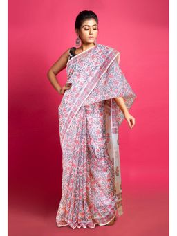 Unnati Silks - Off White Pure Block Printed Kota Saree with Unstitched Blouse