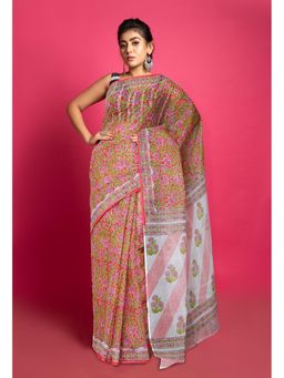 Unnati Silks - Red Pure Block Printed Kota Saree with Unstitched Blouse