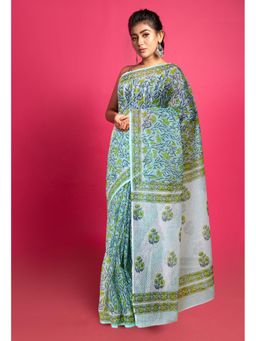 Unnati Silks - Green Pure Block Printed Kota Saree with Unstitched Blouse