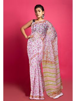 Unnati Silks - Pink Pure Block Printed Kota Saree with Unstitched Blouse