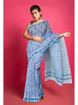 Unnati Silks - Blue Pure Block Printed Kota Saree with Unstitched Blouse