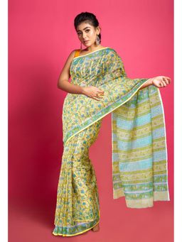Unnati Silks - Yellow Pure Block Printed Kota Saree with Unstitched Blouse