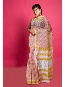 Unnati Silks - Pink Pure Block Printed Kota Saree with Unstitched Blouse