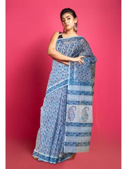 Unnati Silks - Blue Pure Block Printed Kota Saree with Unstitched Blouse