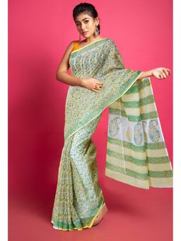 Unnati Silks - Yellow Pure Block Printed Kota Saree with Unstitched Blouse