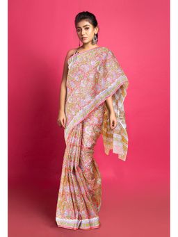 Unnati Silks - Red Pure Block Printed Kota Saree with Unstitched Blouse