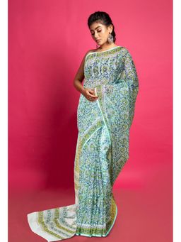 Unnati Silks - Green Pure Block Printed Kota Saree with Unstitched Blouse