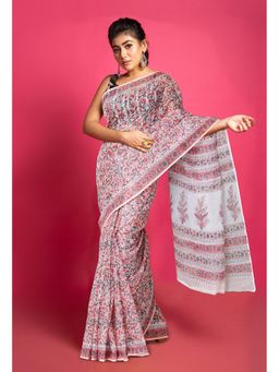 Unnati Silks - Peach Pure Block Printed Kota Saree with Unstitched Blouse