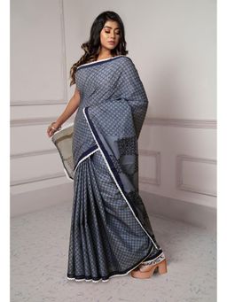 Unnati Silks - Grey Block Printed Chrochio Lace Work Saree with Unstitched Blouse