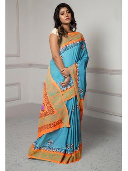 Unnati Silks - Blue & Orange Dyed Hand Block Printed Saree with Unstitched Blouse