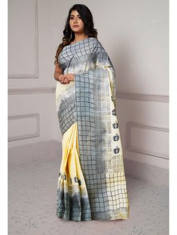 Unnati Silks - Cream & Grey Dyed Hand Block Printed Saree with Unstitched Blouse