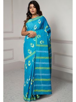 Unnati Silks - Turquoise Blue Dyed Hand Block Printed Saree with Unstitched Blouse